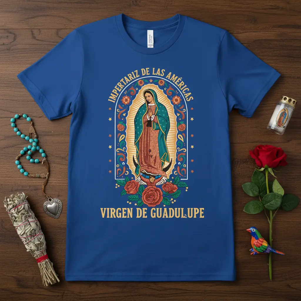 Impertariz De Las Américas Virgen De Guadalupe design with ornate arch and floral accents on blue t-shirt