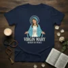 Virgin Mary Queen of Peace graphic t-shirt design featuring an illustration of Mary and text