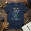 Virgo Zodiac Symbol Woman Virgo T-Shirt featuring a feminine figure holding scales and a lotus flower, with astrological text