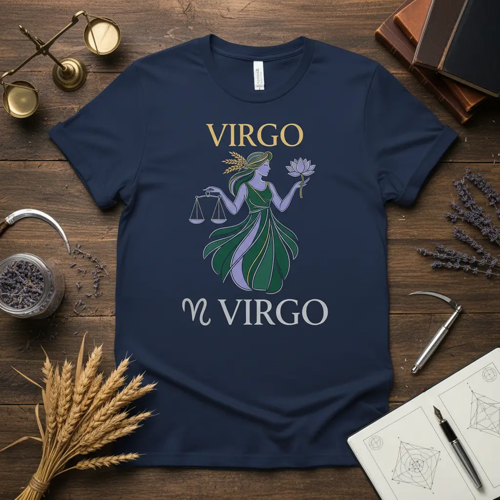 Virgo Zodiac Symbol Woman Virgo t-shirt design with feminine figure, scales, lotus flower, and astrological symbols