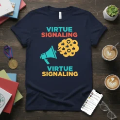 Navy t-shirt with "Virtue Signaling" text in teal and red, a teal megaphone graphic, and a yellow cloud of social