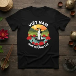 T-shirt with "VIỆT NAM QUÊ HƯƠNG TÔI" text, featuring a woman in a conical hat rowing a boat amidst lotus