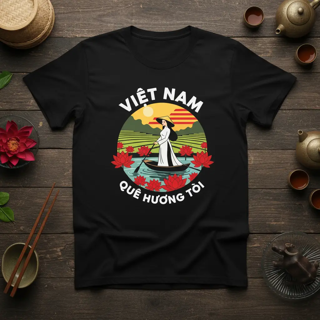 VIỆT NAM QUÊ HƯƠNG TÔI text and traditional Vietnamese woman rowing boat in lotus pond design