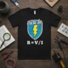Black t-shirt featuring "Viva la R=V/I" text with a blue circuit board shield and yellow lightning bolt graphic