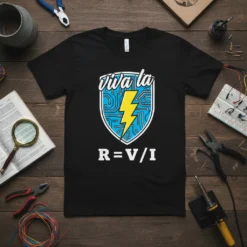 Black t-shirt featuring "Viva la R=V/I" text with a blue circuit board shield and yellow lightning bolt graphic