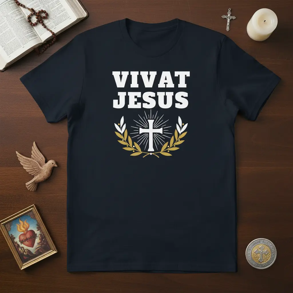 Vivat Jesus Christian T-Shirt with bold white lettering and a central cross emblem within a laurel wreath
