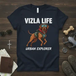 Vizsla dog wearing goggles and a vest with "Vizsla Life Urban Explorer" text on a navy t-shirt