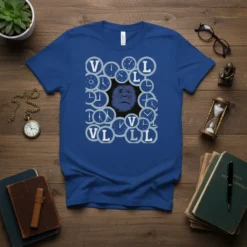 Blue t-shirt featuring a graphic design of a gorilla face surrounded by clocks and the text "VL pretty much time
