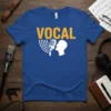 Blue t-shirt with the word "VOCAL" in orange and a graphic of a microphone in front of a profile silhouette