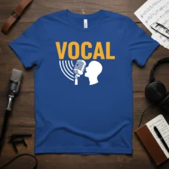 Blue t-shirt with the word "VOCAL" in orange and a graphic of a microphone in front of a profile silhouette