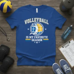 Volleyball Is My Favorite Season t-shirt with a graphic of a player spiking a ball within a globe