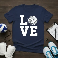 Navy blue t-shirt with white text spelling "LOVE," where the "O" is replaced by a volleyball graphic