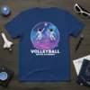 Volleyball Space Academy t-shirt design showing two astronauts playing volleyball in space with a galaxy background