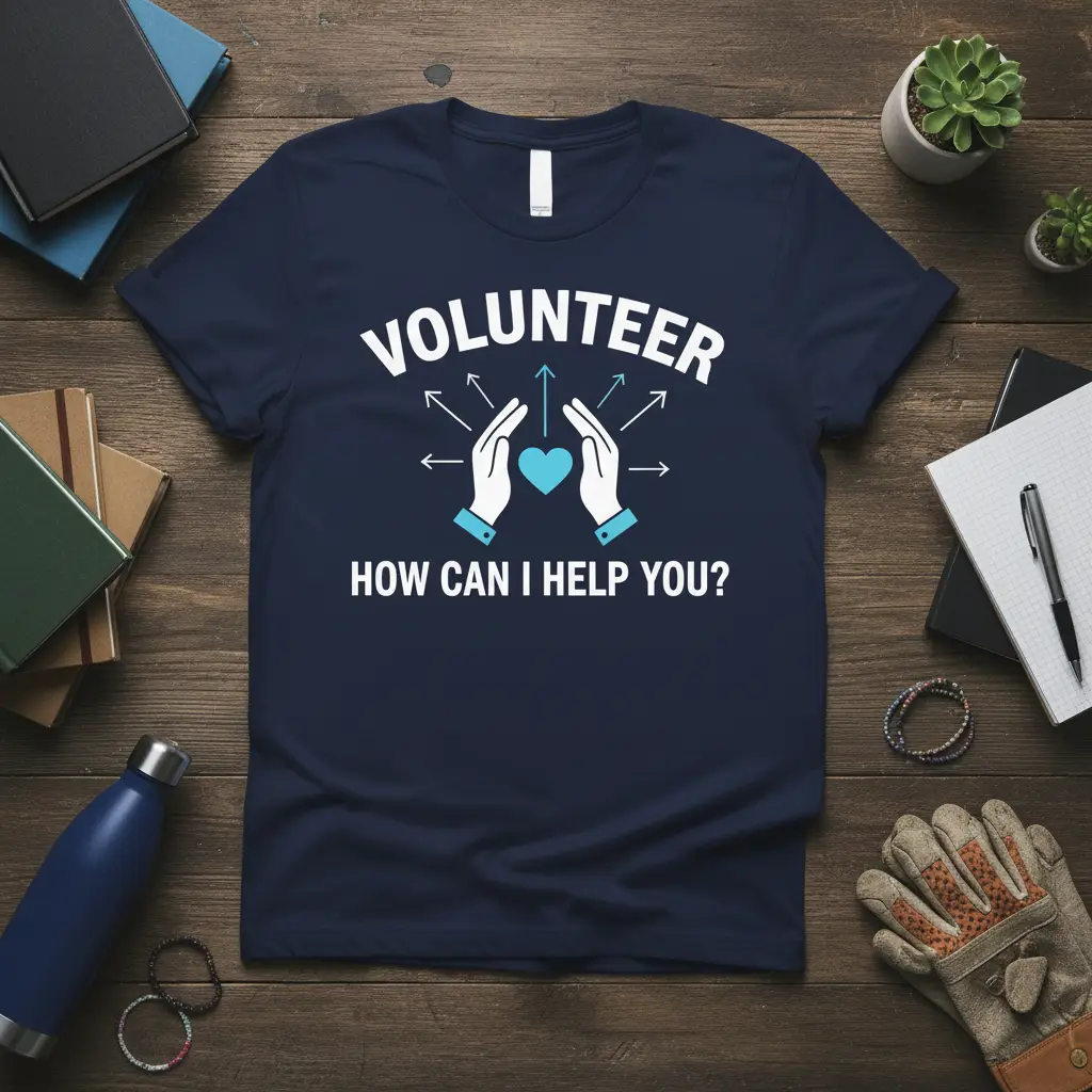 Volunteer How Can I Help You? text and helping hands graphic on a navy blue volunteer t-shirt