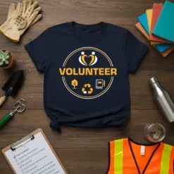 Navy blue t-shirt with "Volunteer" text inside a circular graphic featuring people, a tree, recycling symbol, and a book