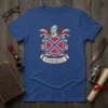 Voorhees family crest t-shirt with a knight's helmet and red and blue shield design