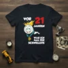 Black t-shirt with "Vor 21 Jahren War Ich Mal Der Schnellste" text and a cartoon sperm character wearing a crown