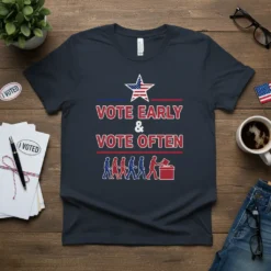 Vote Early & Vote Often T-Shirt with American flag star and people voting graphic