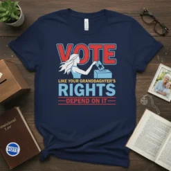 Vote Like Your Granddaughter's Rights Depend On It political statement t-shirt with bold text and a woman voting graphic