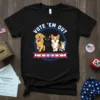 Vote 'Em Out t-shirt design with cartoon golden retriever, black cat, corgi, and tabby cat in a circle, patriotic theme