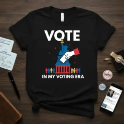 Black t-shirt with white text "VOTE IN MY VOTING ERA" and graphic of Statue of Liberty with hand casting ballot