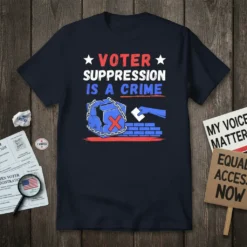 Voter Suppression Is A Crime t-shirt with red, white, and blue text and graphic depicting a broken ballot box chained