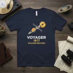 Voyager 1977 Golden Record t-shirt design with a graphic of the spacecraft and record against a starry background