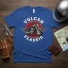VULCAN CLASSIC text with a vintage motorcycle graphic and wings on a blue t-shirt