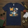 W is for WE OUT! text design with a rocket launching, open book, and diploma on a navy t-shirt