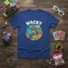 WACKY t-shirt design with a green cartoon robot and colorful gears, text "WACKY" above