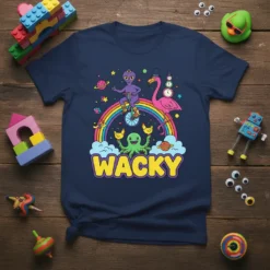 WACKY t-shirt design with a purple alien riding a unicycle on a rainbow, a green octopus, and a pink flamingo