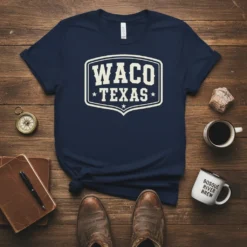 Navy blue t-shirt featuring "WACO TEXAS" in a vintage shield design with stars