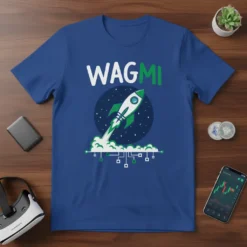 WAGMI text with a rocket launching into space on a blue t-shirt, representing crypto and blockchain