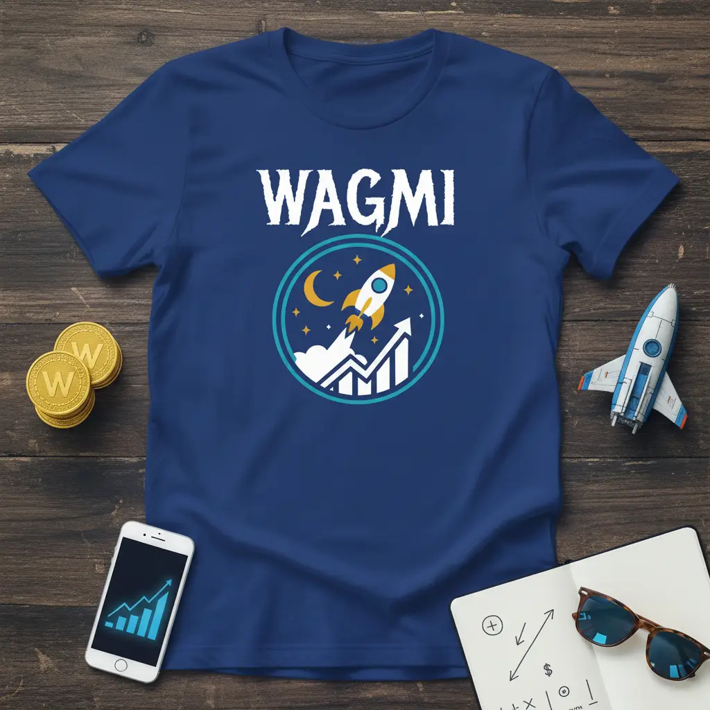 WAGMI text with rocket launching graphic, moon, stars, and stock market graph