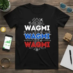 Black t-shirt with "WAGMI WAGMI WAGMI" repeated in white, blue, and red text, featuring circuit board graphics and crypto symbols