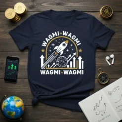 WAGMI WAGMI WAGMI WAGMI Rocket Ship T-Shirt design with upward trending stock charts and globe graphic