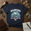 Wahnsinn 36204254 84 Viking T-Shirt with a ship in rough seas and lightning, bold white text, German humor design