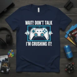 Navy t-shirt with "WAIT! DON'T TALK I'M CRUSHING IT!" text and a video game controller graphic