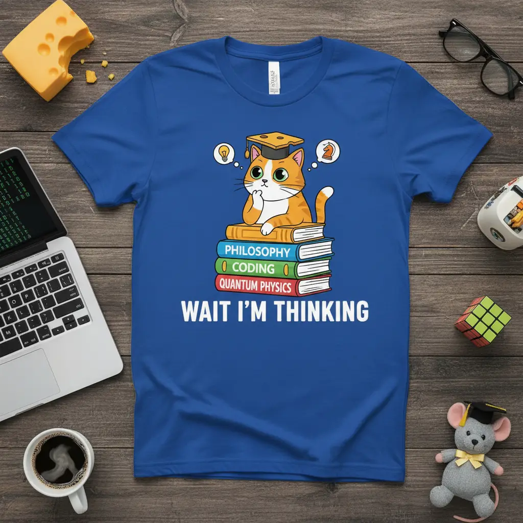 Wait I'm Thinking Cat T-Shirt design with books on philosophy, coding, and physics