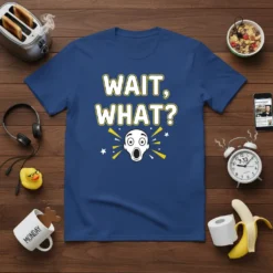 Wait, What? T-Shirt with a shocked face graphic and yellow burst, featuring bold white text