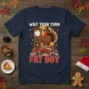 Wait Your Turn Fat Boy humorous Thanksgiving turkey t-shirt design with a muscular turkey and gifts