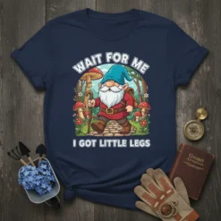 Wait For Me I Got Little Legs gnome t-shirt design with cute gnome walking on a path through mushrooms and