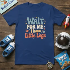 Wait For Me I Have Little Legs text design on navy t-shirt with retro font and space-themed graphics like planets