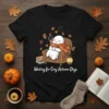 Waiting for Cozy Autumn Days text with a cute ghost sitting in a chair holding a coffee cup, surrounded by