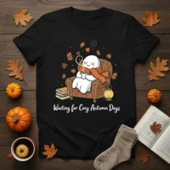 Waiting for Cozy Autumn Days text with a cute ghost sitting in a chair holding a coffee cup, surrounded by