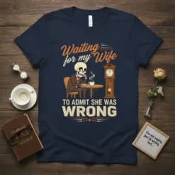 Skeleton sitting at a table, drinking coffee, with text "Waiting for my Wife TO ADMIT SHE WAS WRONG" on a
