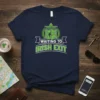 Navy t-shirt with green and white text reading "WAITING TO IRISH EXIT" featuring a doorway graphic and shamrock