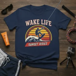 Navy t-shirt with "Wake Life Sunset Rides" text and silhouette of a wakeboarder on a wave against a sunset graphic
