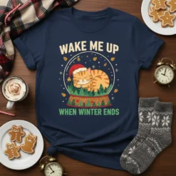 Wake Me Up When Winter Ends Christmas cat sleeping in snow globe design on navy t-shirt