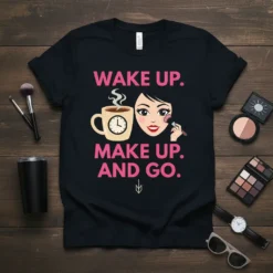 Wake Up Make Up And Go text design with coffee cup and woman applying makeup on a black t-shirt